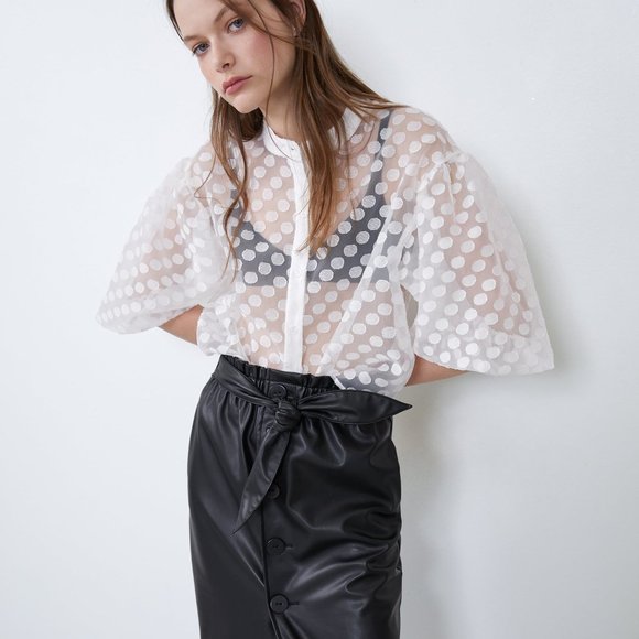 Zara Tops - Zara POLKA DOT ORGANZA TOP-white-7385/155